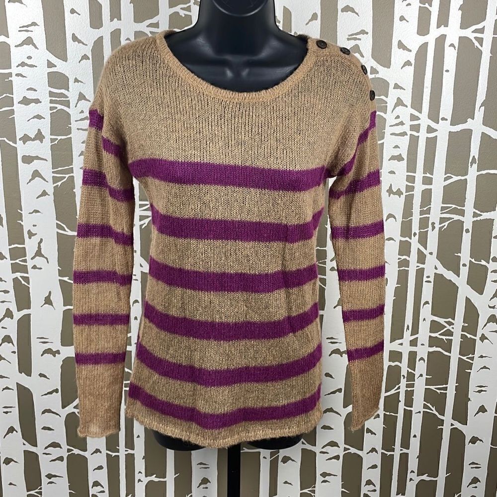 Ann Taylor LOFT Camel Tan & Purple Striped Loose Knit Mohair Blend Sweater sz XS